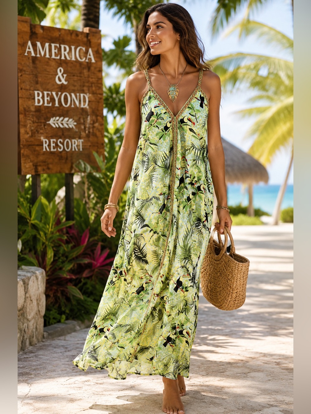 AMERICA & BEYOND,Hand-printed
Toucans &Jungle Tropical Dress Resort Cover,Size S